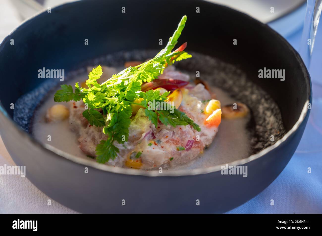 French sea food, tartare of seabass with mango, passion fruit and