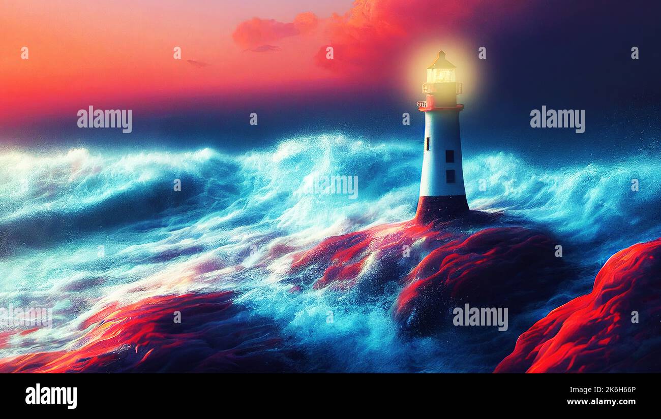 An artwork of a Lighthouse in stormy sea Stock Photo - Alamy
