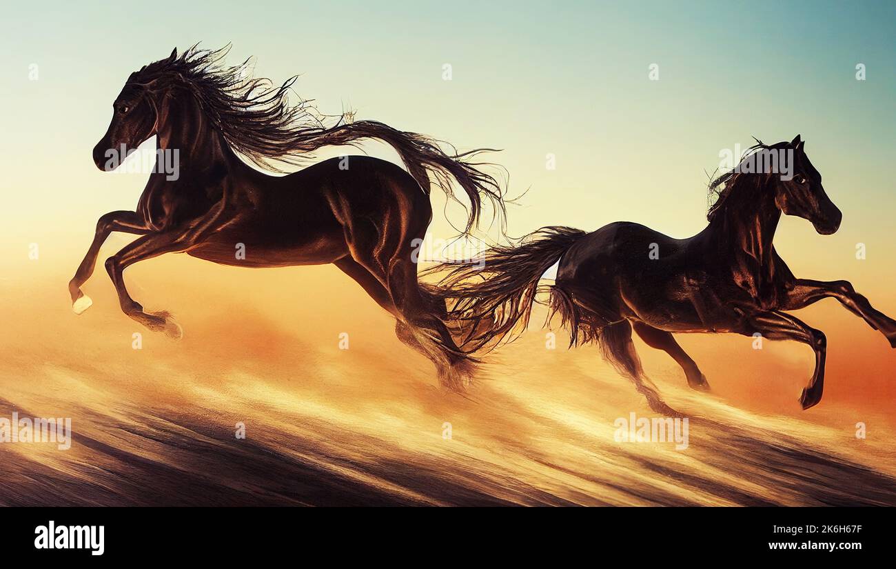 An artwork of two horses galloping in the desert Stock Photo Alamy