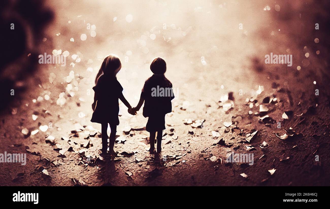 An artwork silhouette of a little boy and girl walking and holding