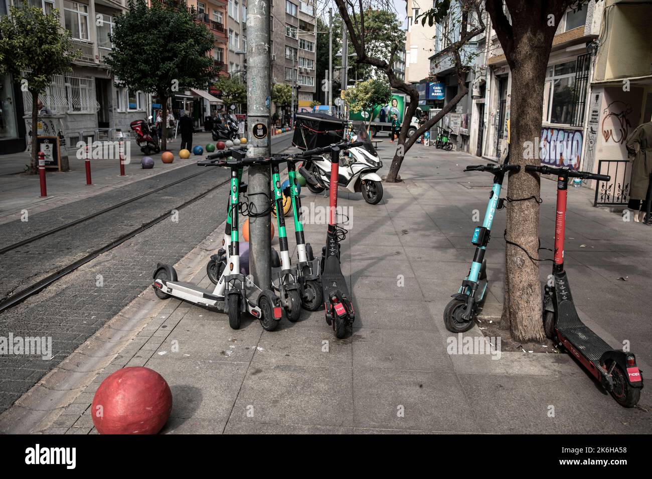 Istanbul, Turkey. 14th Oct, 2022. Scooters seen parked along the