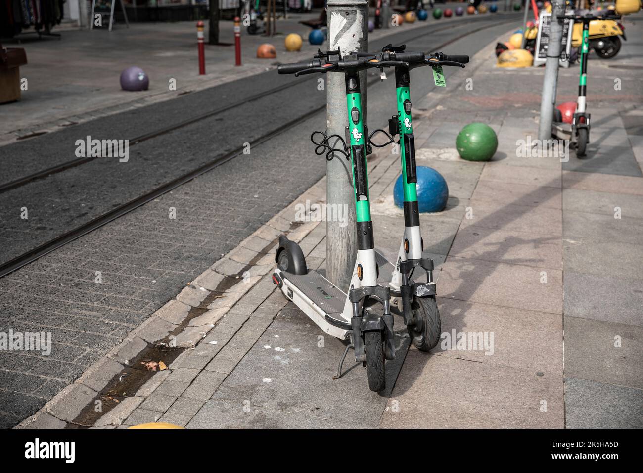 Istanbul, Turkey. 14th Oct, 2022. Scooters seen parked along the