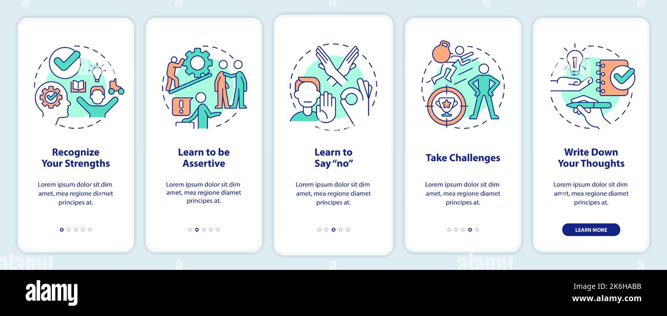 Improving self esteem ways onboarding mobile app screen Stock Vector