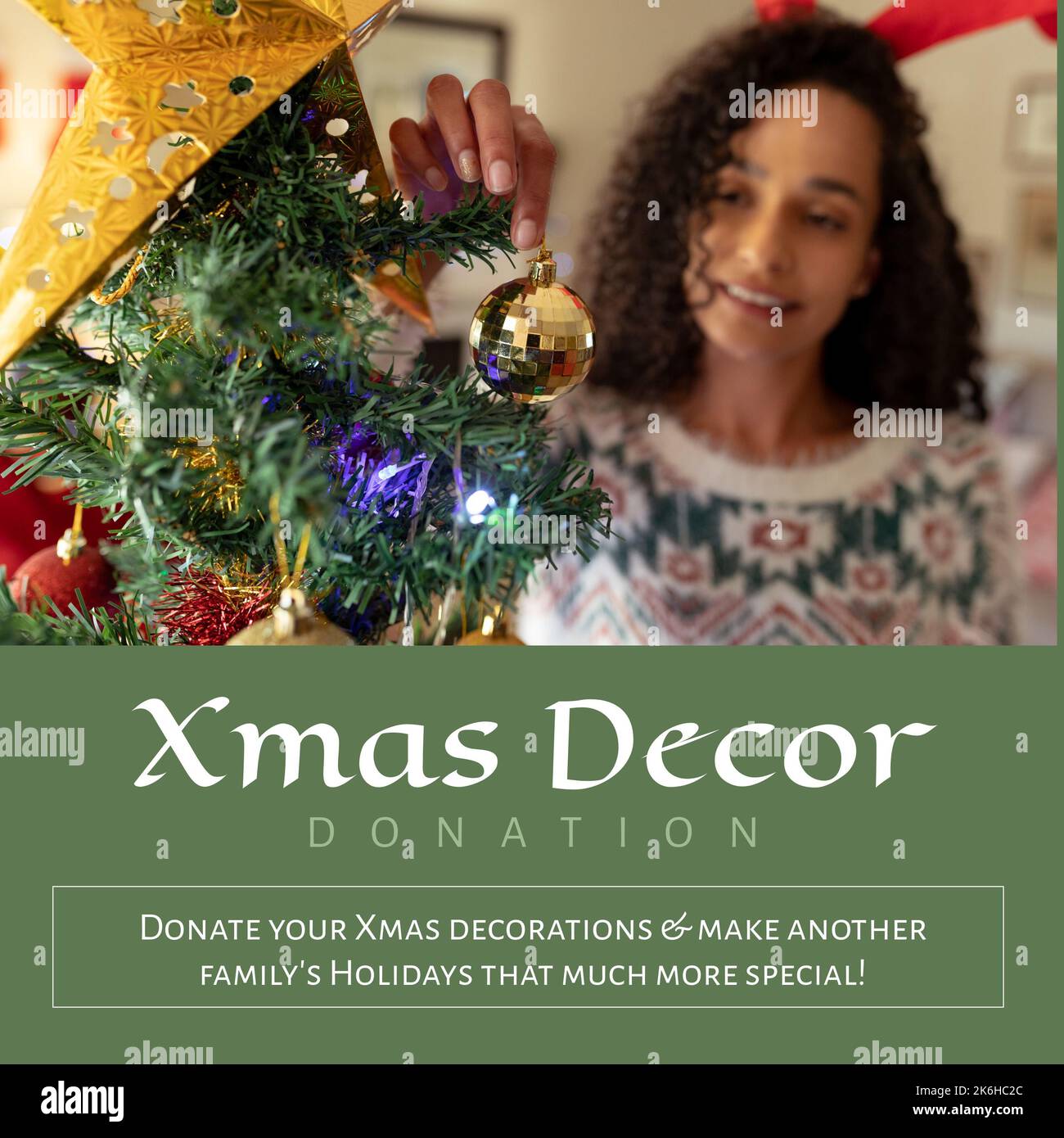 Square image of biracial woman decorating christmas tree with christmas
