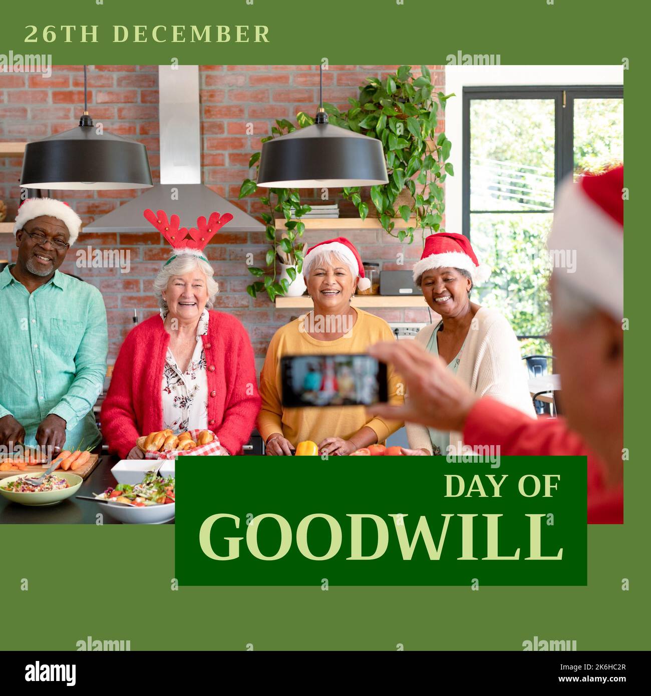 Square image of diverse group of people wearing santa claus hats an day of goodwill text Stock Photo