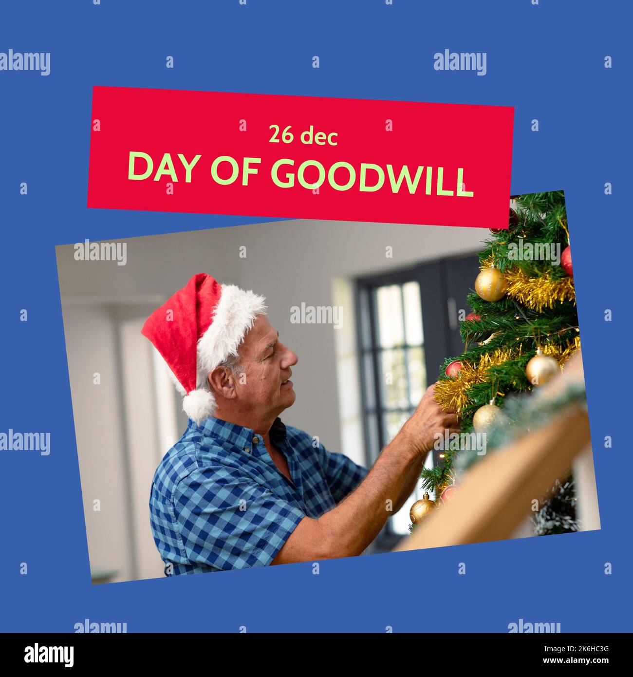 Square image of caucasian senior men wearing santa claus hat an day of goodwill text Stock Photo