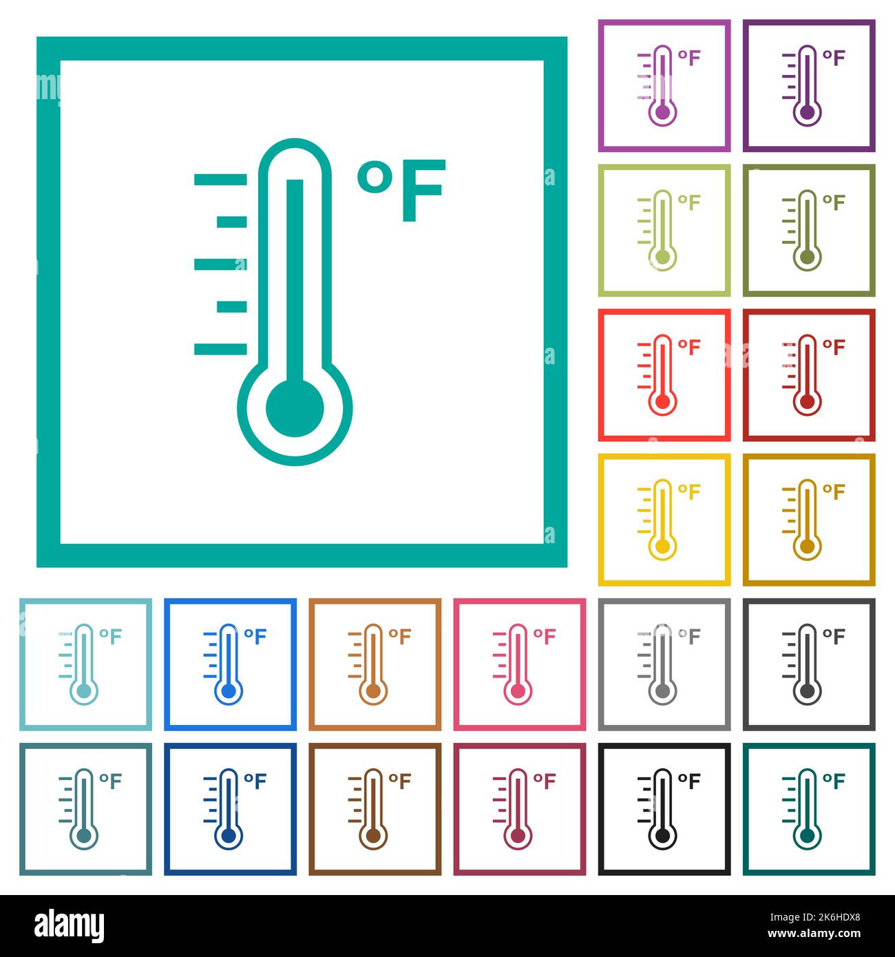 Fahrenheit thermometer warm temperature flat color icons with quadrant ...