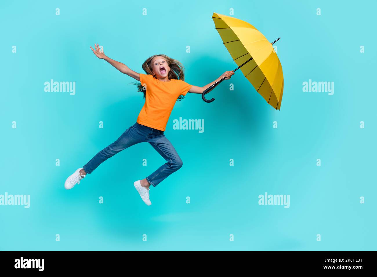 Full body size photo of funny cute pretty schoolgirl kid flying air