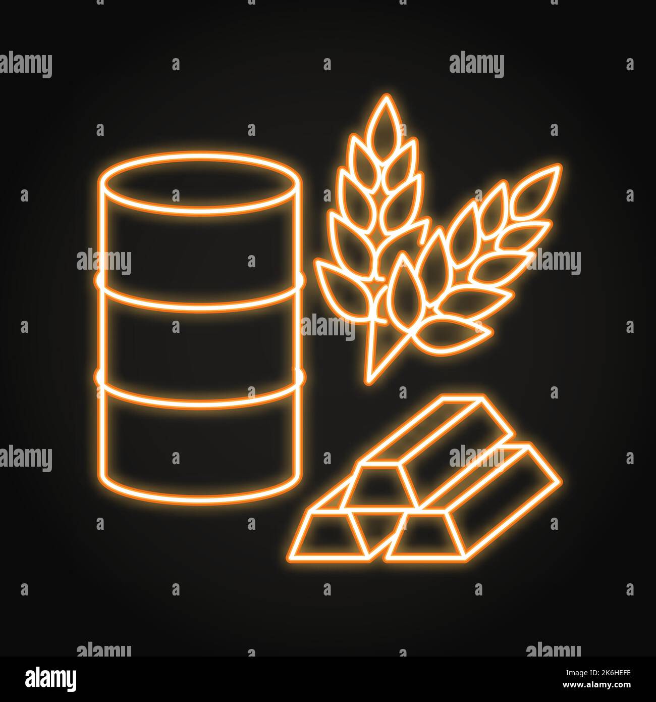 Commodity market neon icon in line style. Crude oil, wheat and gold