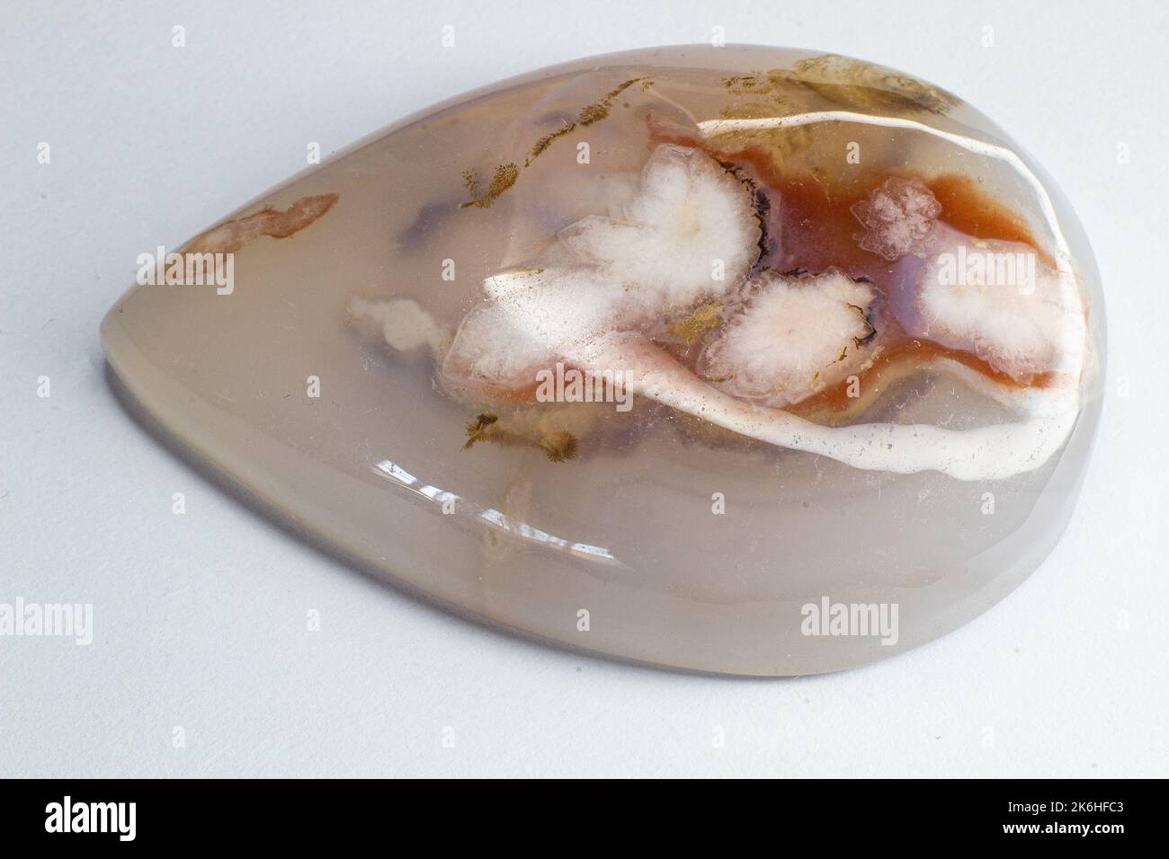 Flower dendritic agate chalcedony cabochon gem on white background macro Stock Photo
