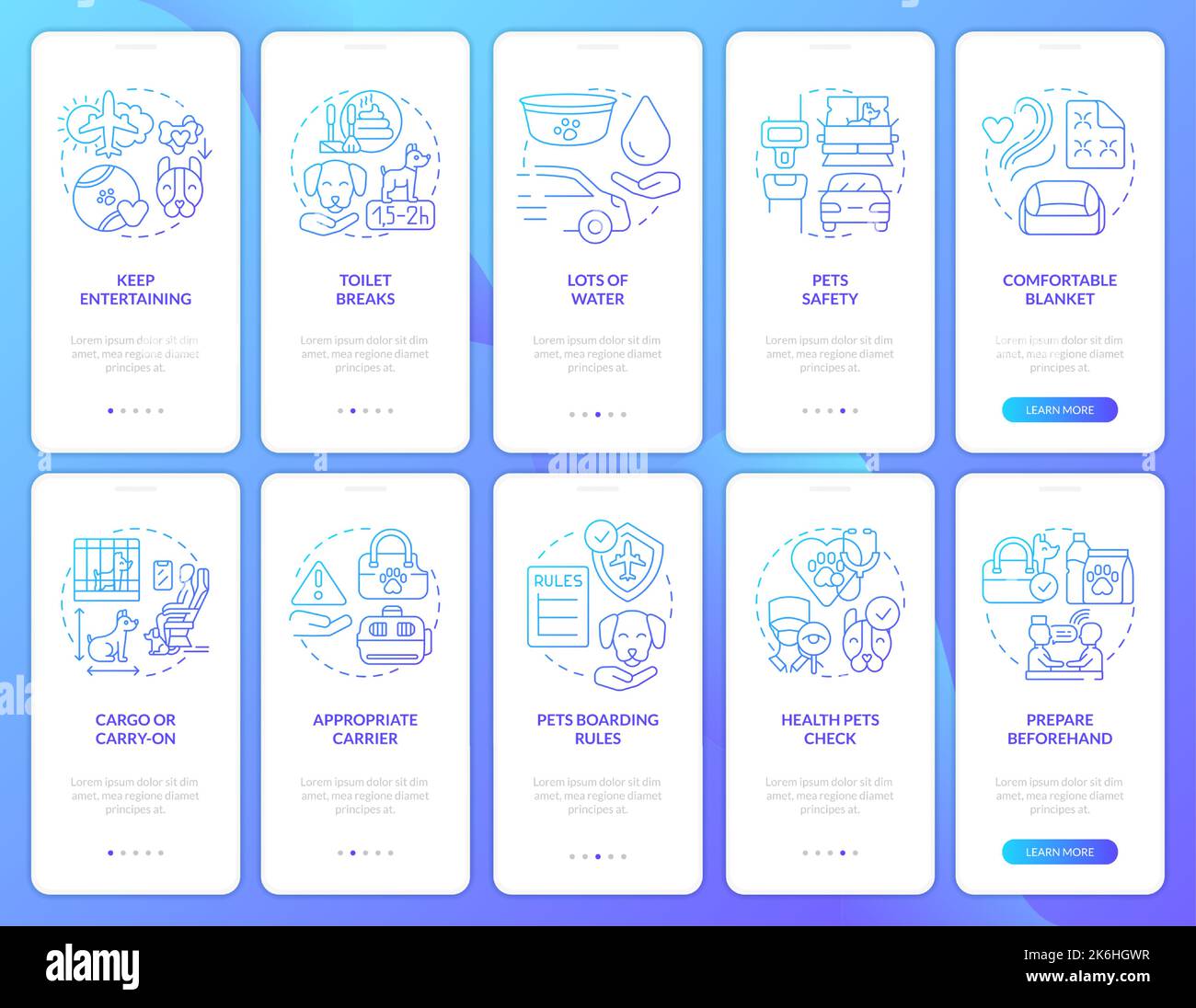 Traveling with pets onboarding blue gradient mobile app screen set Stock Vector