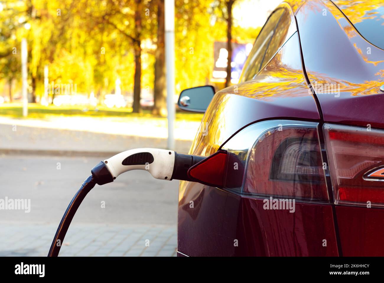 Electric car at the charging station. Ecology. Eco-friendly transport ...