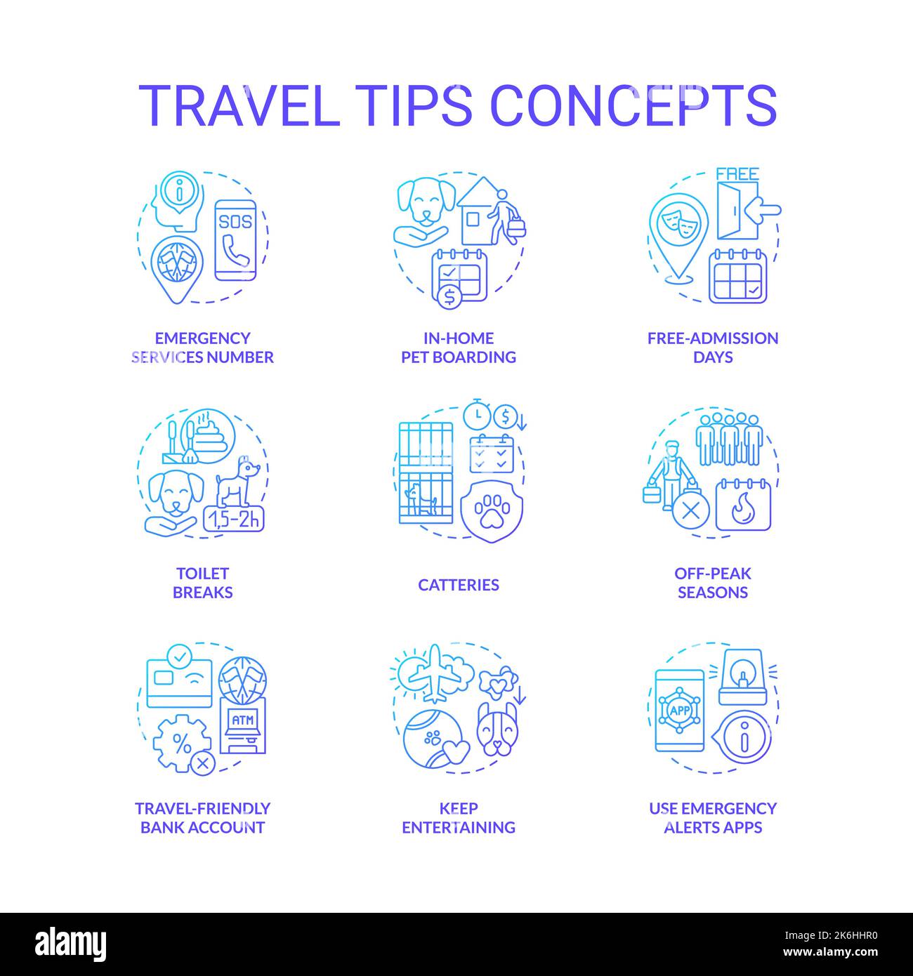 Travel tips blue gradient concept icons set Stock Vector