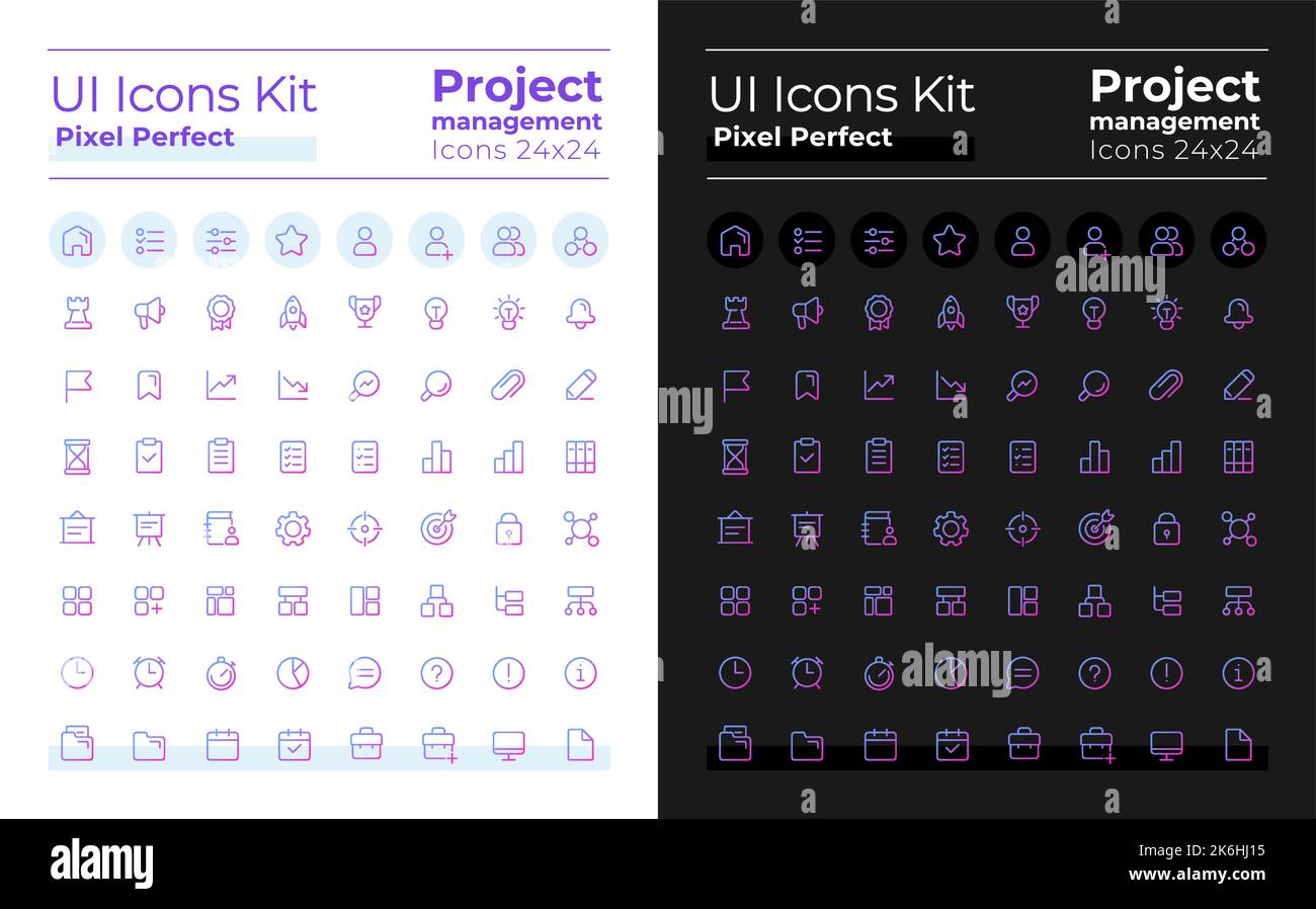 Project management pixel perfect gradient ui icons kit for dark, light ...