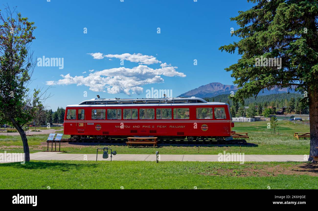 Woodland Park, CO - July 9, 2022: Pike's Peak Cog Railway car at the visitor center. Stock Photo