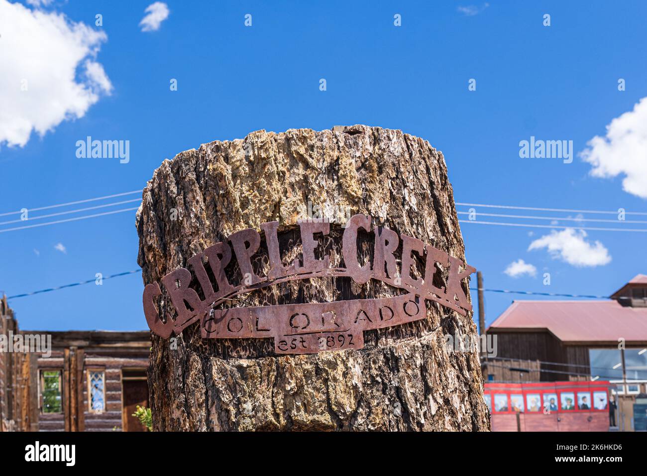 Cripple Creek, CO July 9, 2022 Cut out rusty metal sign says