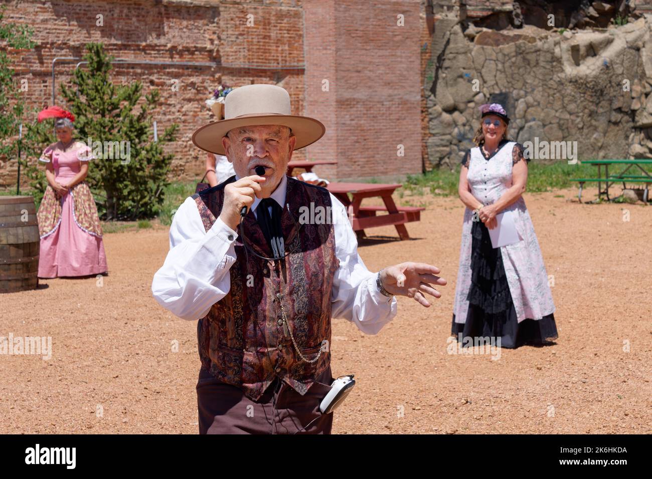 Cripple Creek, CO - July 9, 2022: Narrator dressed in period costume for the 'History Comes Alive!' presentation held Saturdays at Noon in City Pocket Stock Photo