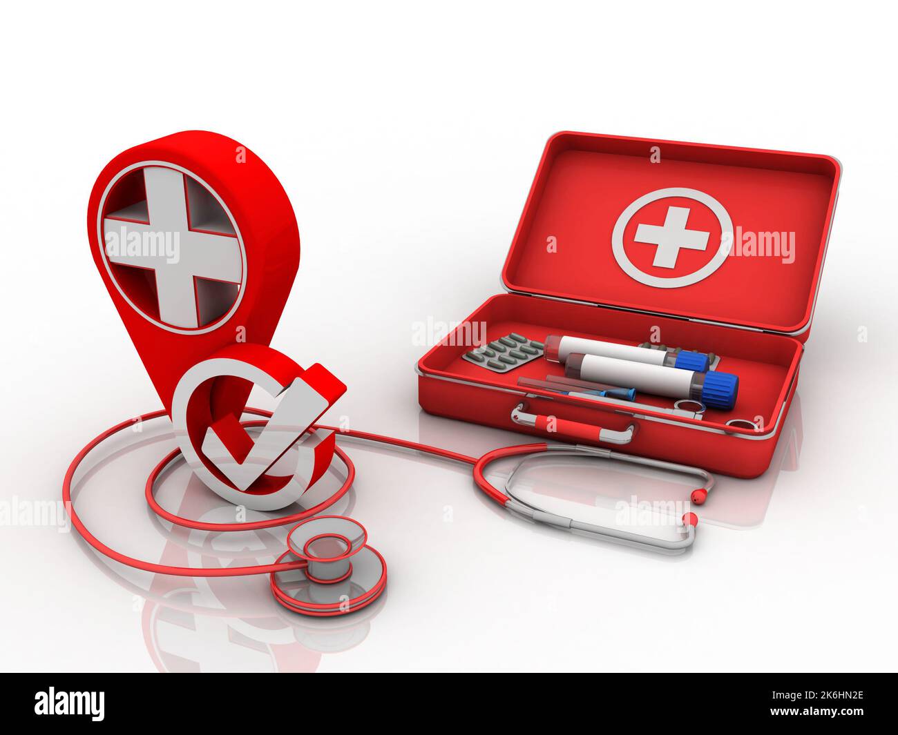 Red medical case, first aid kit with stethoscope, injections, plaster, pills  and glasses. Watercolor illustration, hand drawn. Composition with elements  isolated 26539296 PNG