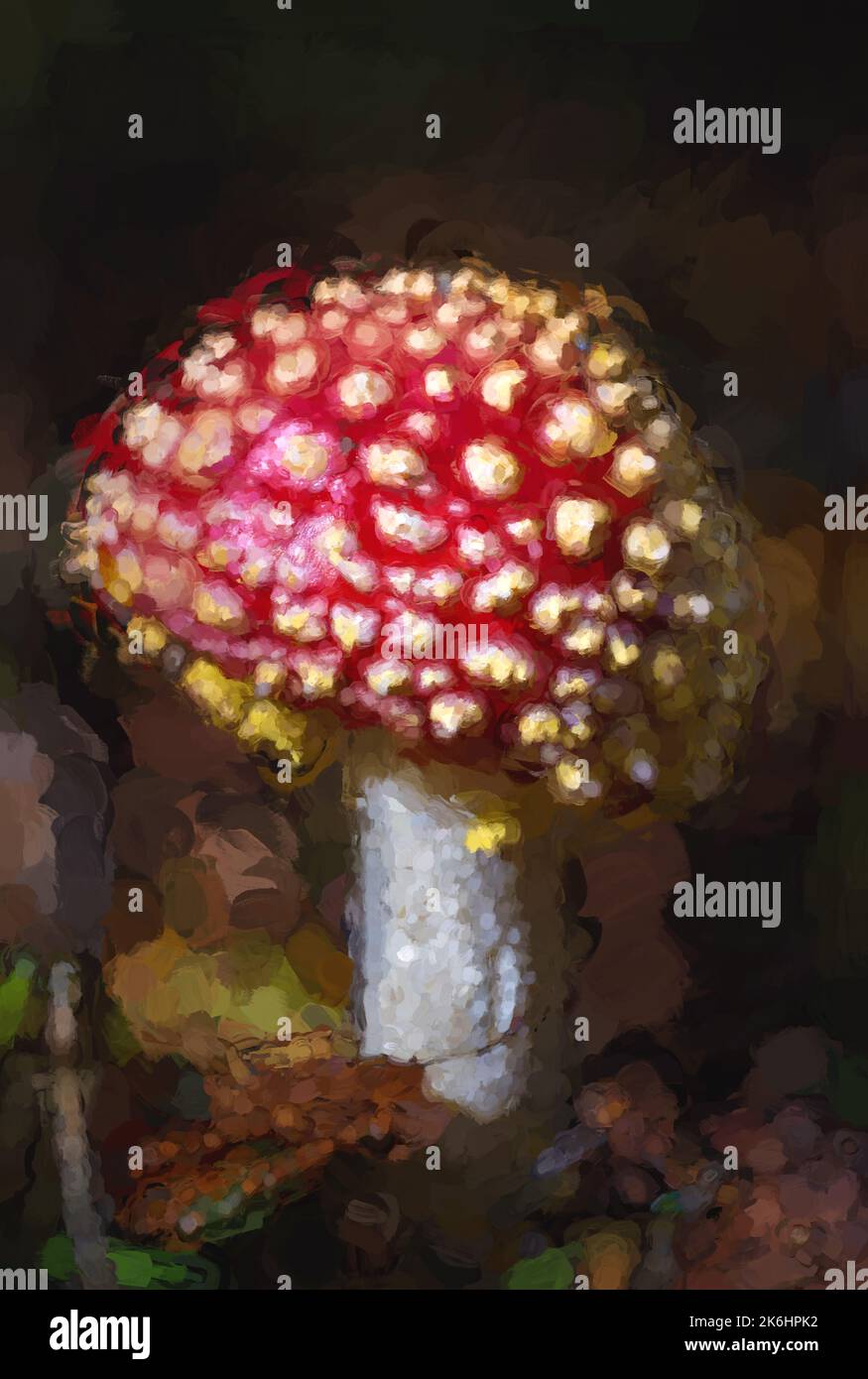 Digital abstract oil painting of Fly Agaric fungus in a autumn woodland