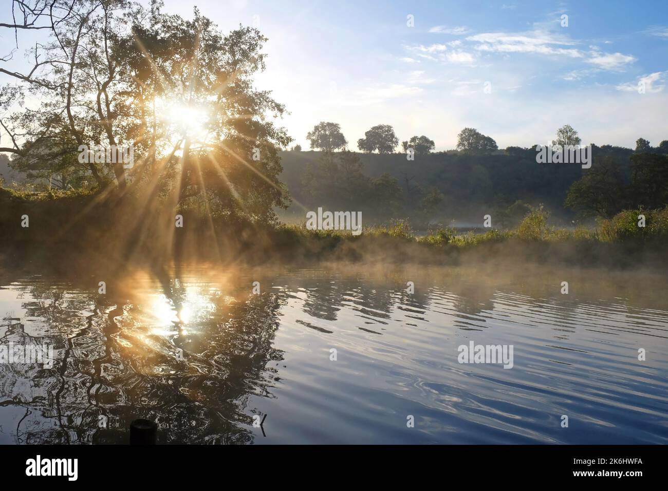 Sun rays through the trees on the River Wey, Guildford, Surrey, UK Stock Photo