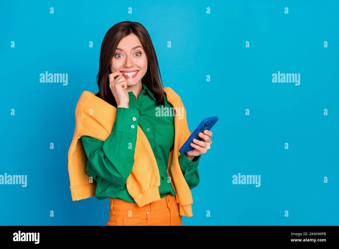 Portrait Of Pretty Cheerful Lady Toothy Smile Finger Touch Lip Hold