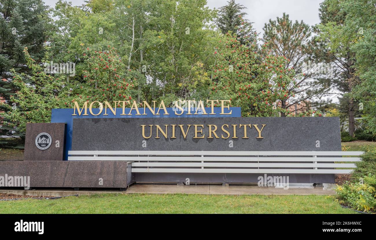 Entrance sign to Montana State University sign in Bozeman, Montana Stock Photo