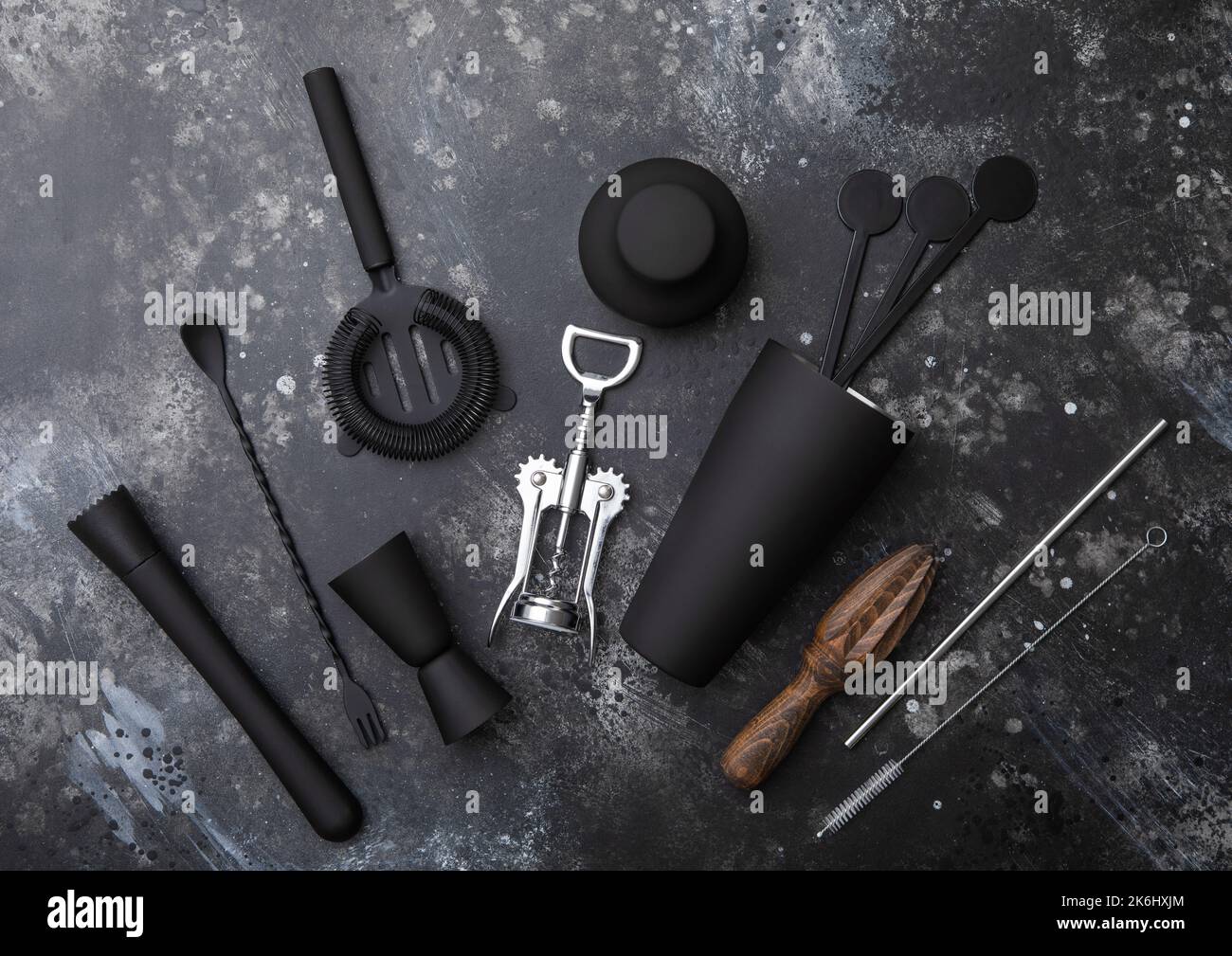 Black matt steel cocktail shaker,strainer,jigger and plastic stirrers