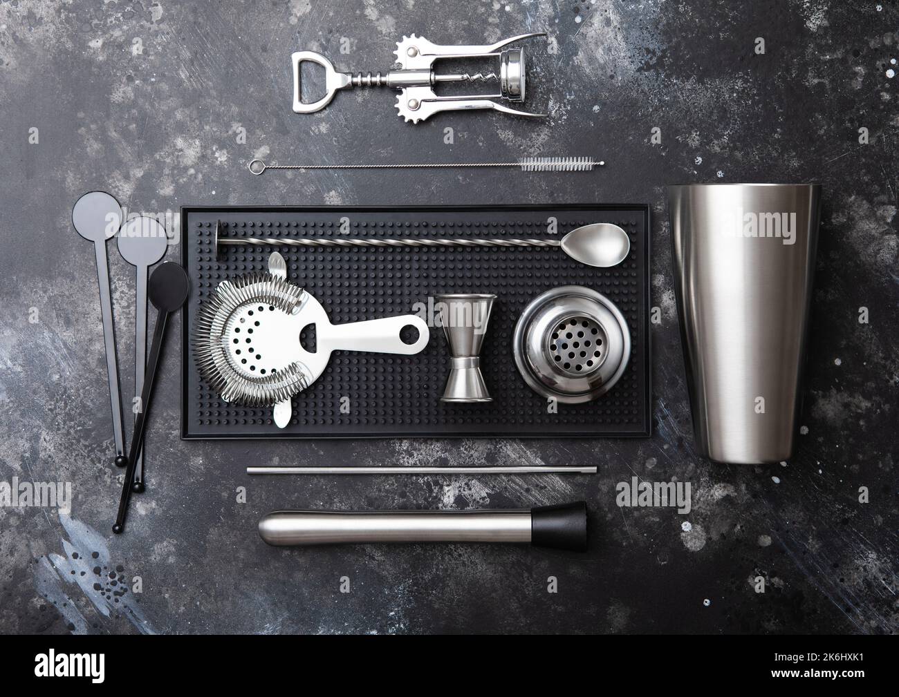 Cocktail rubber mat with steel cocktail shaker,strainer,jigger and