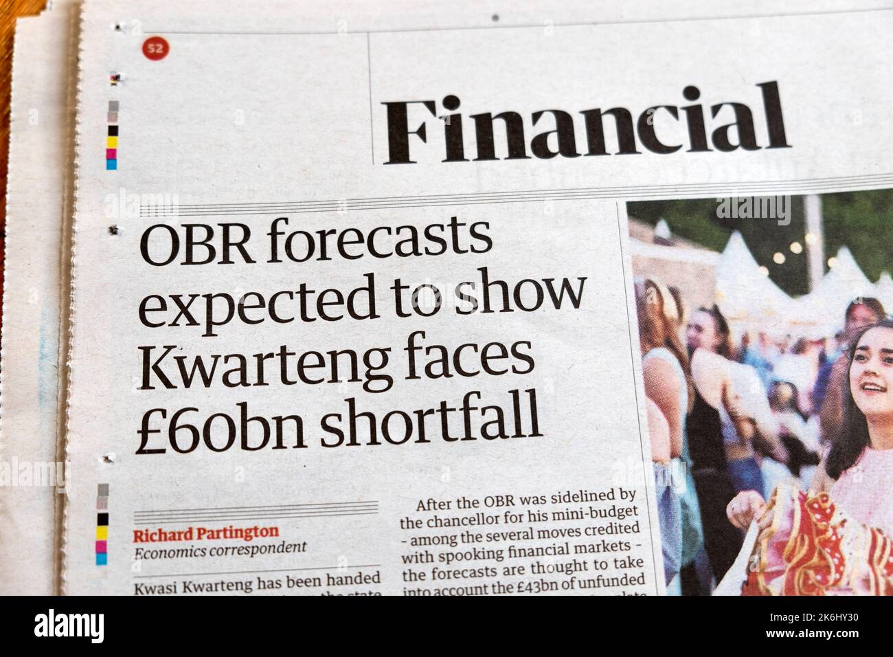 'OBR forecasts expected to show Kwarteng faces £60bn shortfall' Guardian newspaper headline British economy clipping 8 October 2022 London UK Stock Photo