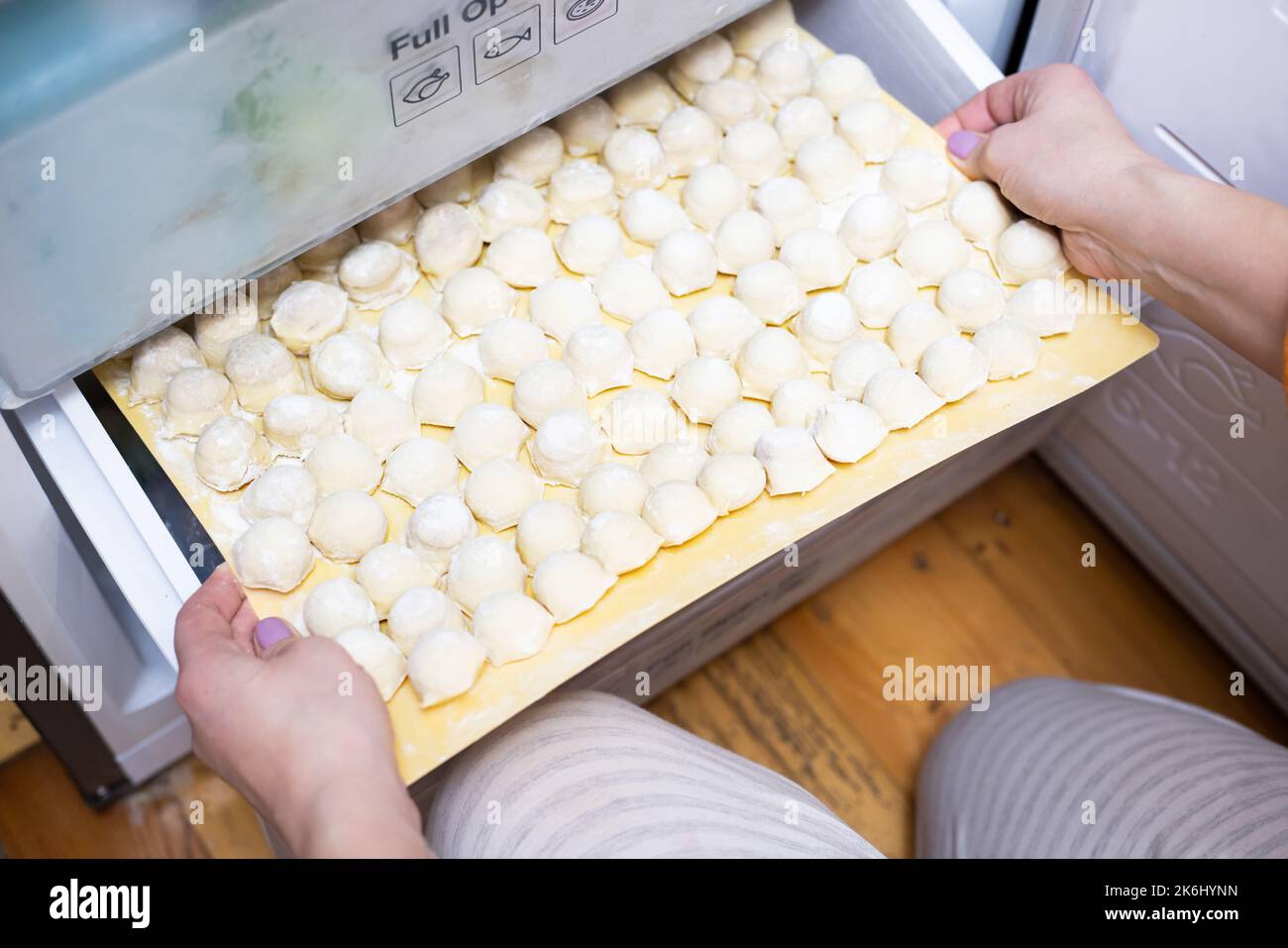 Housewife puts delicious homemade meat dumplings in the fridge Stock Photo