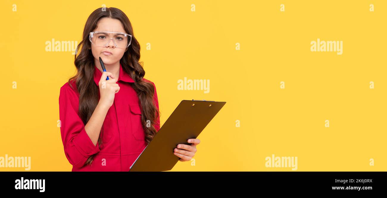 solve the problem. sight check. teen girl in protective glasses. child