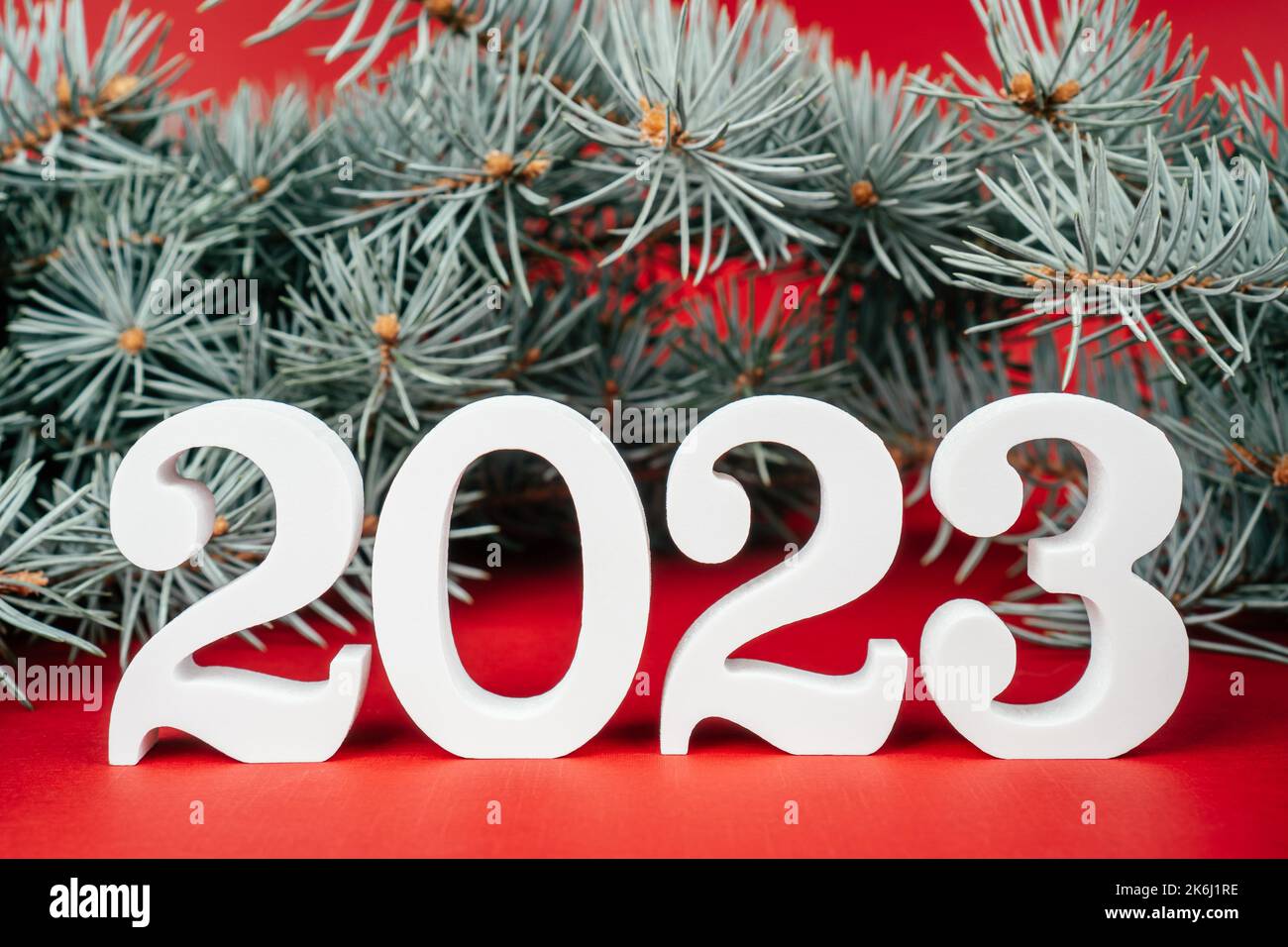 Happy New Year 2023. White wooden numbers 2023 stand with lush green