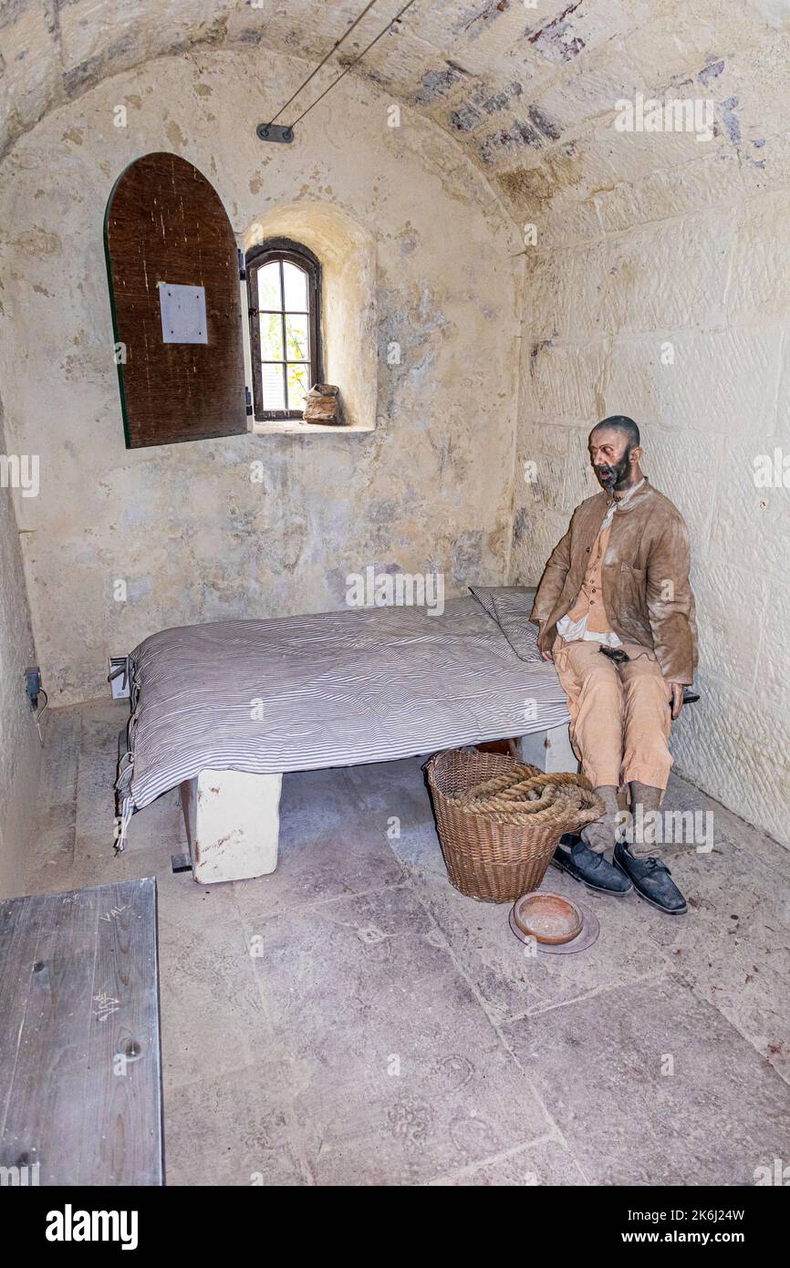 A representation of a prisoner in his cell in the Castle of St John, Stranraer, Dumfries & Galloway, Scotland UK Stock Photo