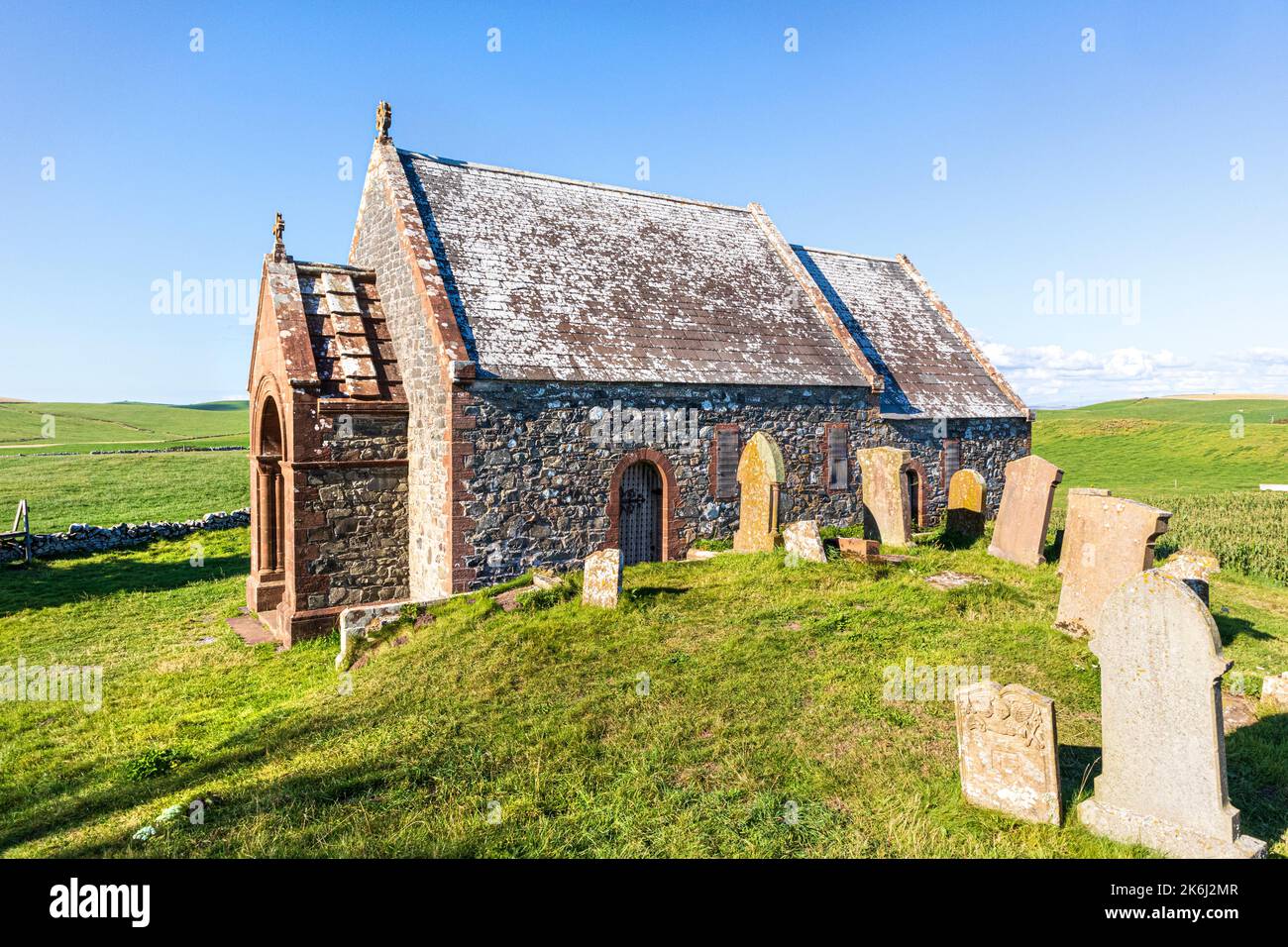 The remote, medieval church at Kirkmadrine, whose porch contains early Christian stones dating from the 5th century AD, near Sandhead, Dumfries & Gall Stock Photo