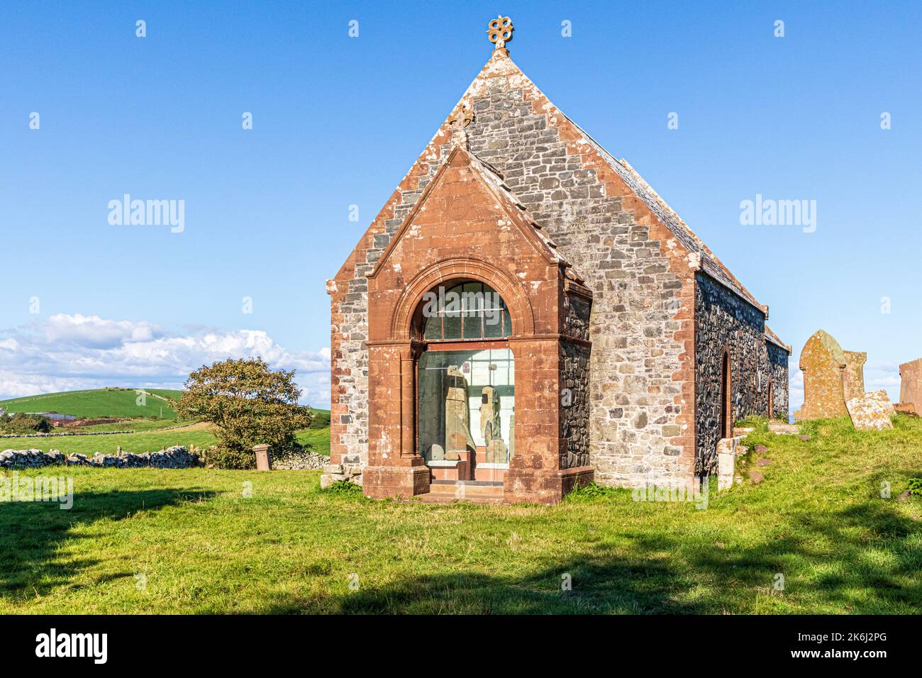 The remote, medieval church at Kirkmadrine, whose porch contains early Christian stones dating from the 5th century AD, near Sandhead, Dumfries & Gall Stock Photo