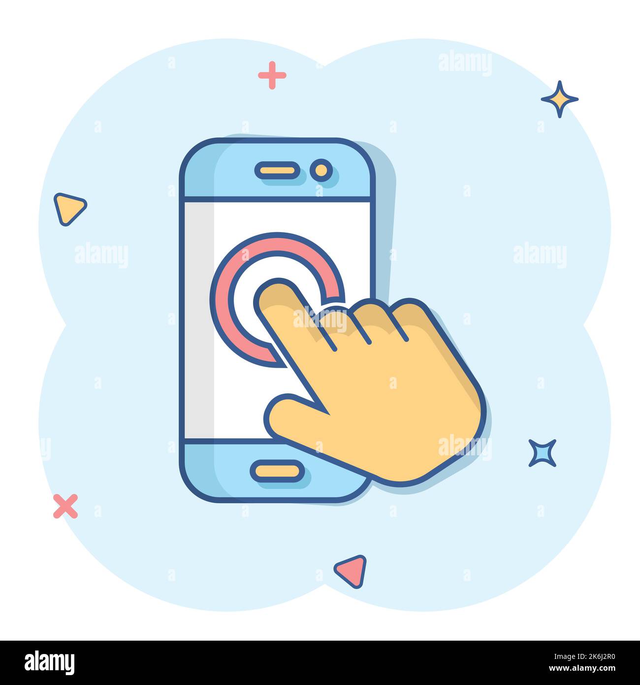 Hand touch smartphone icon in comic style. Phone finger vector cartoon ...