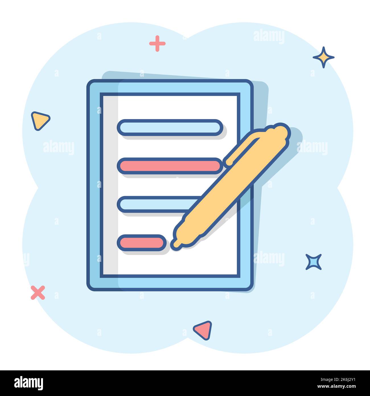 Document with pen icon in comic style. Notepad vector cartoon ...