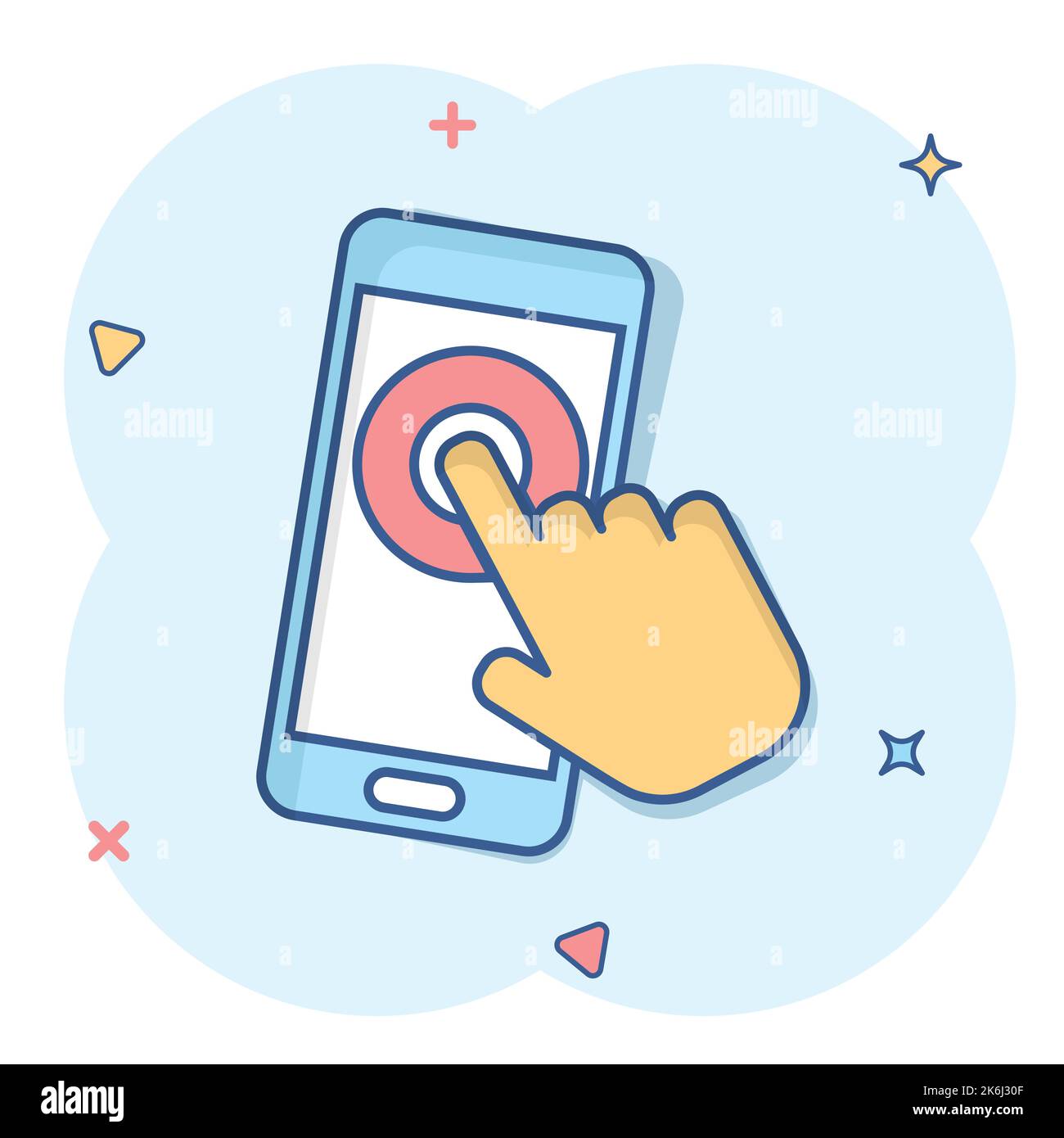 Hand touch smartphone icon in comic style. Phone finger vector cartoon ...