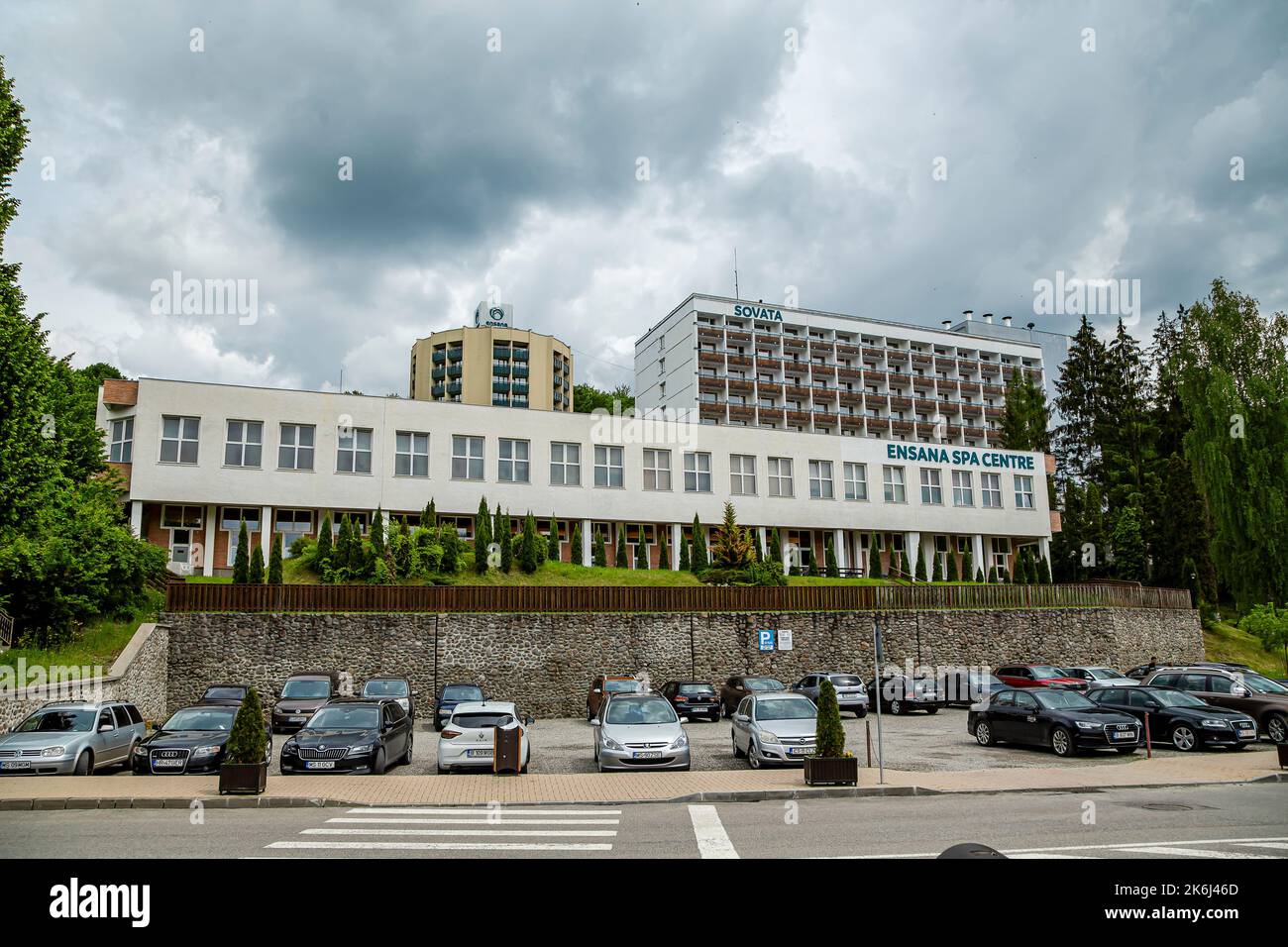 SOVATA,  MURES, ROMANIA – MAY 29, 2021:  View of  Ensana Spa Center located in central zone in  Sovata resort,  Transylvania,  Romania. Stock Photo