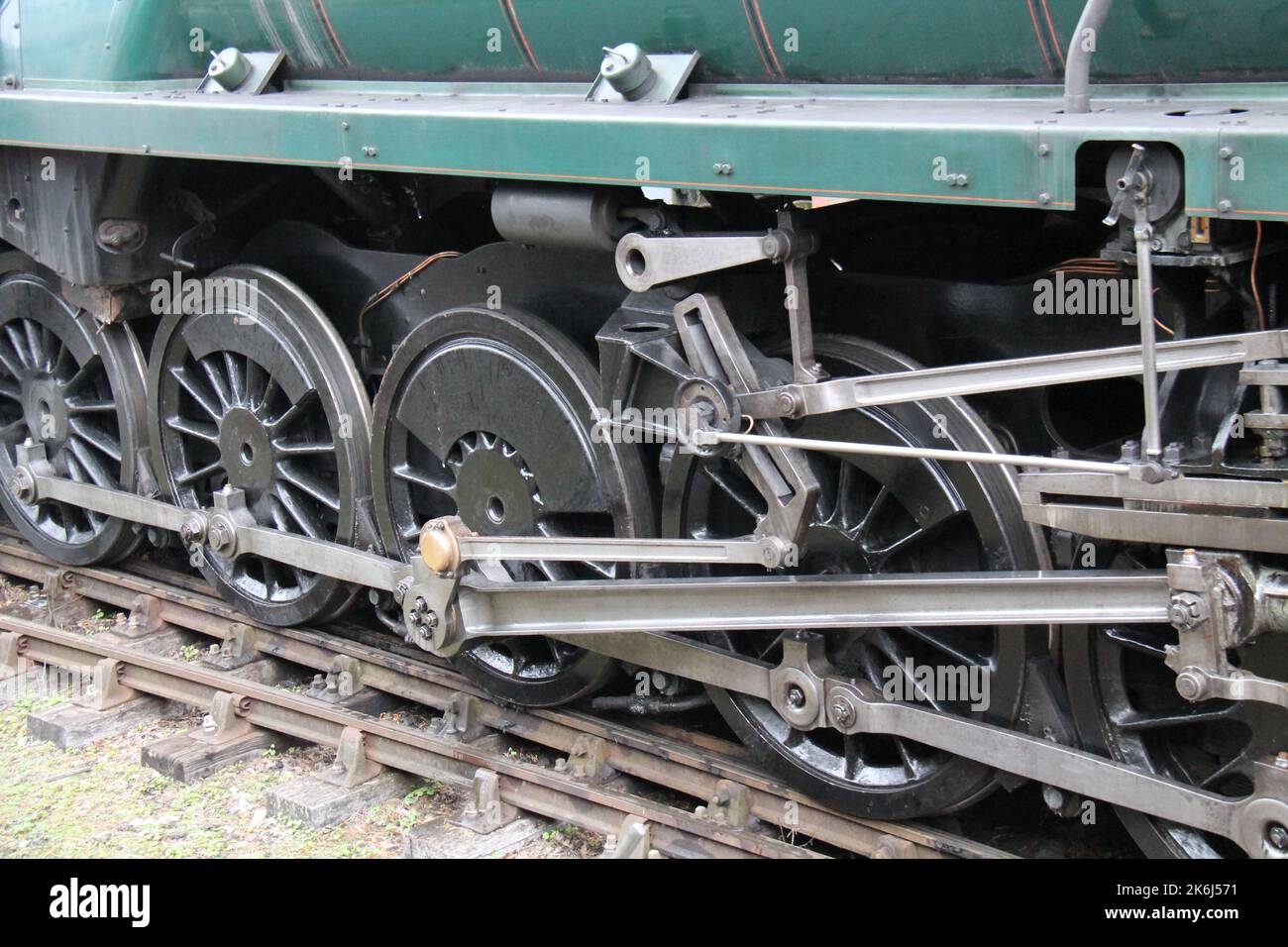 The Drive Wheels of a Large Steam Train Locomotive. Stock Photo