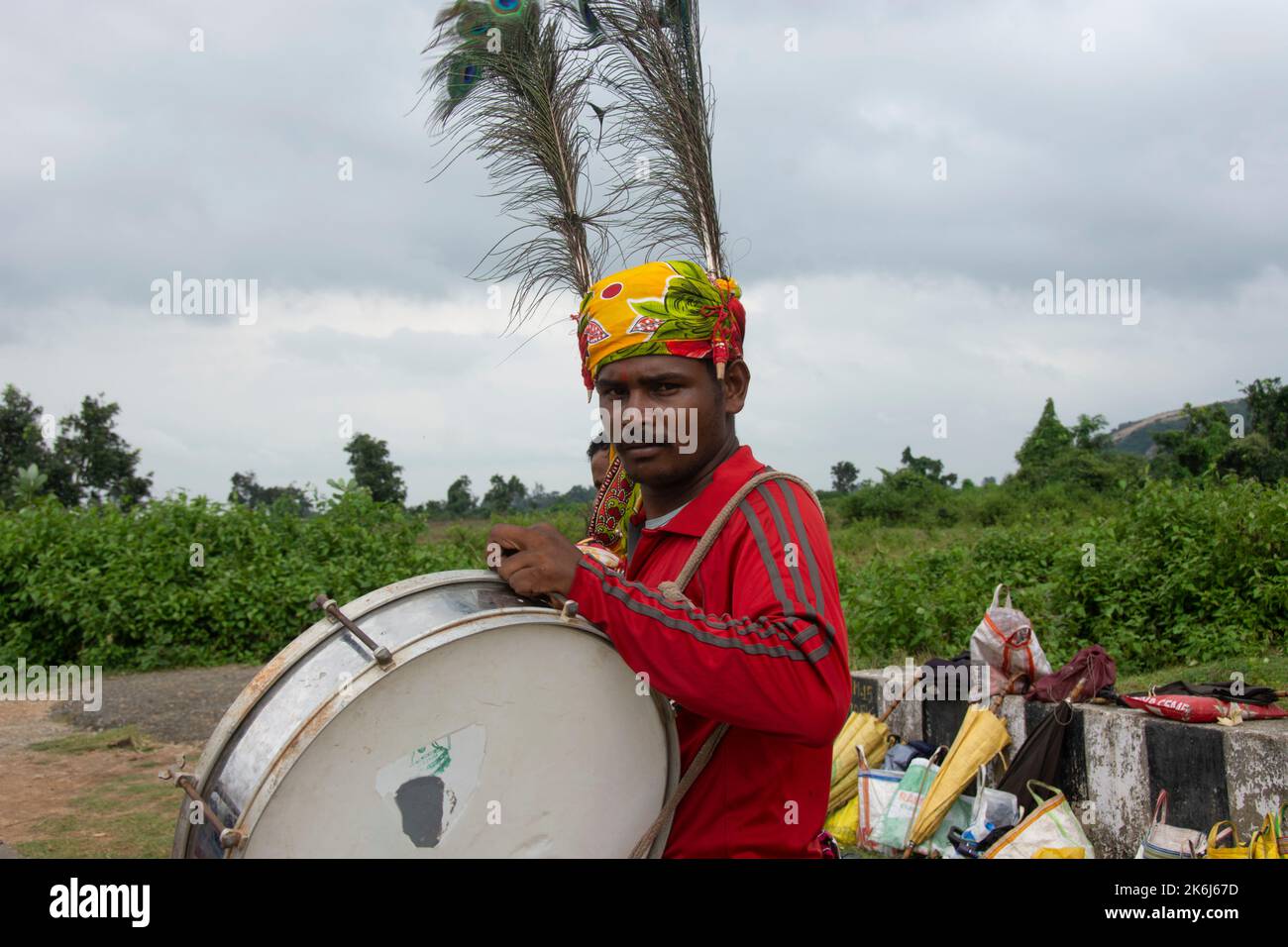 Ajodhya Hills Purulia, West Bengal 4th October 2022- Tribal people performing folk dance in a forested area. Stock Photo