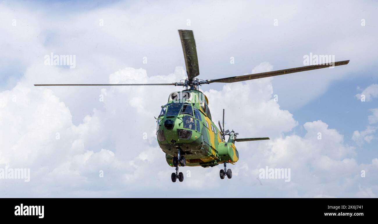 Stanesti, Gorj, Romania – August 27, 2022:  The  IAR 330 Puma SOCAT helicopter take off at the air show at the Stanesti aerodrome, Gorj, Romania Stock Photo