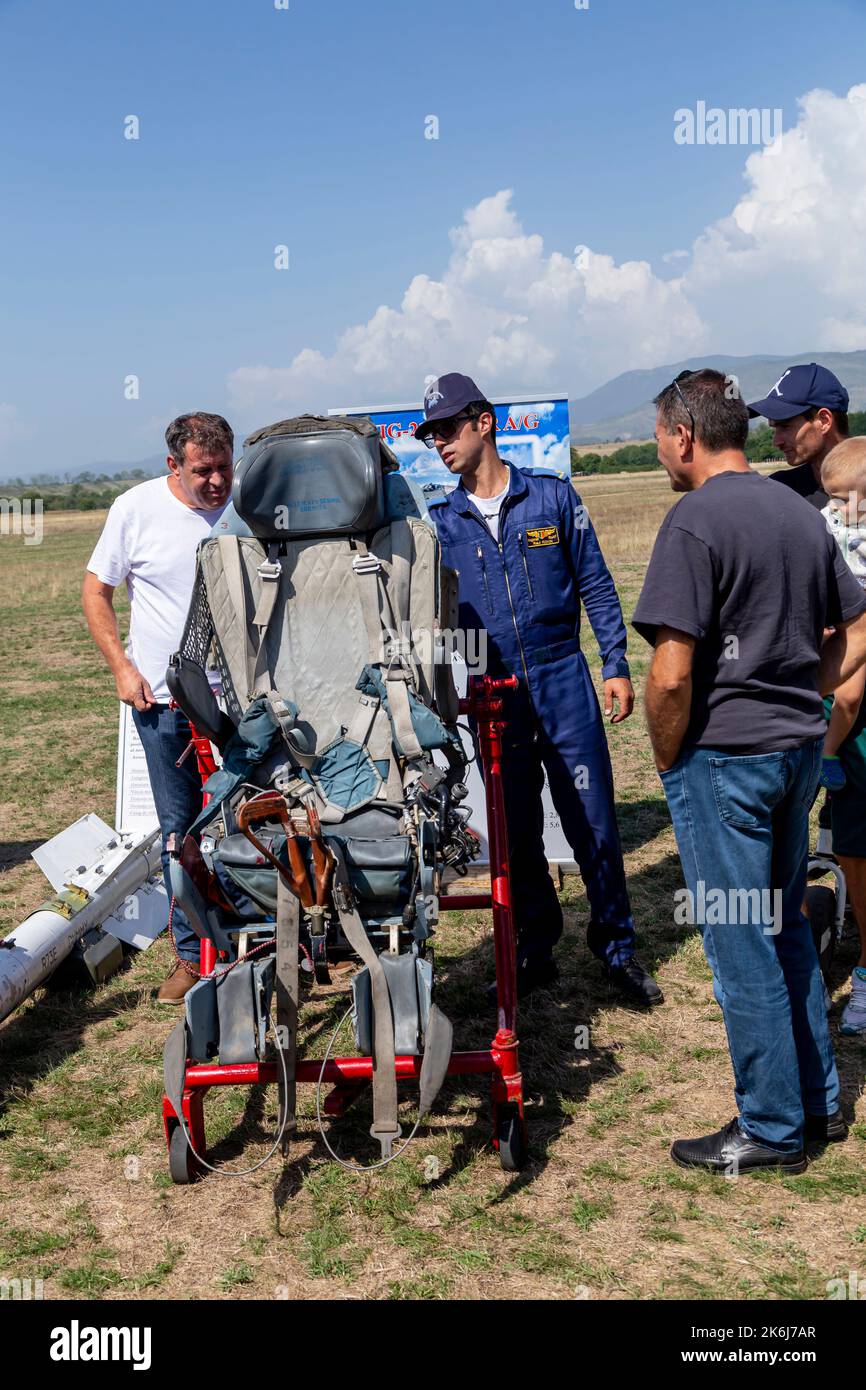 Stanesti, Gorj, Romania – August 27, 2022:  The ejection seat of military aircraft is presented to visitors at the air show at the Stanesti aerodrome, Stock Photo