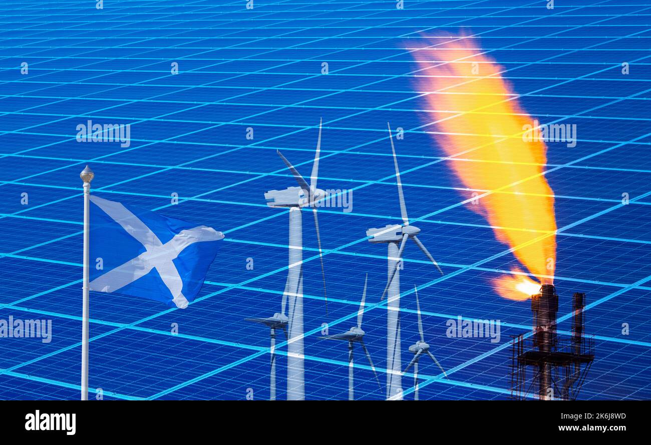 Flag of Scotland with wind turbines and gas plant flare stack and solar panels. Renewable clean energy, fossil fuels, North Sea gas, independence... Stock Photo