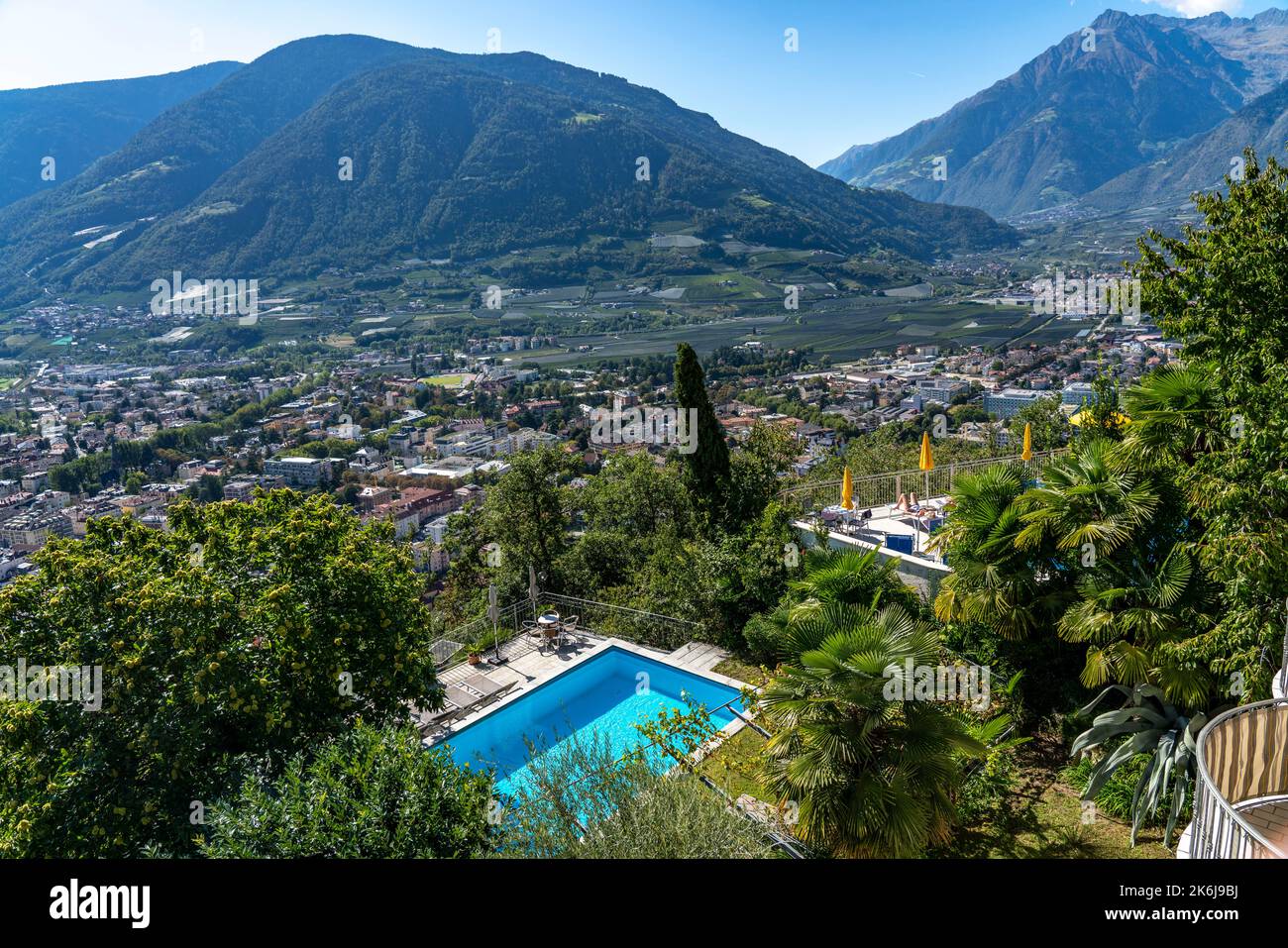 View of Merano from the top station of the chairlift to Dorf Tirol, Hotel Pool, South Tyrol, Italy Stock Photo