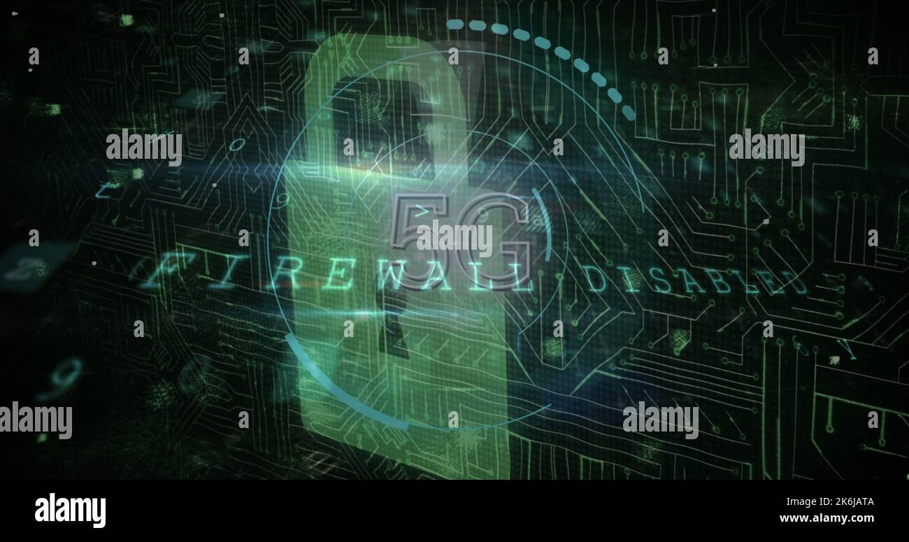 Illustration of firewall disable, 5g text over padlock against circuit board patterned background Stock Photo