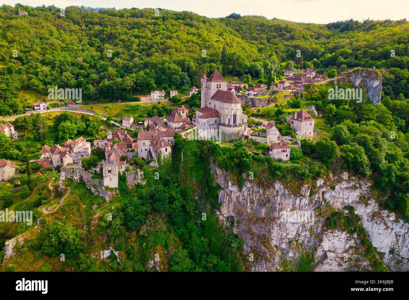 Aerial view of the famous Saint Cyr Lapopie village in the Lot department, France Stock Photo