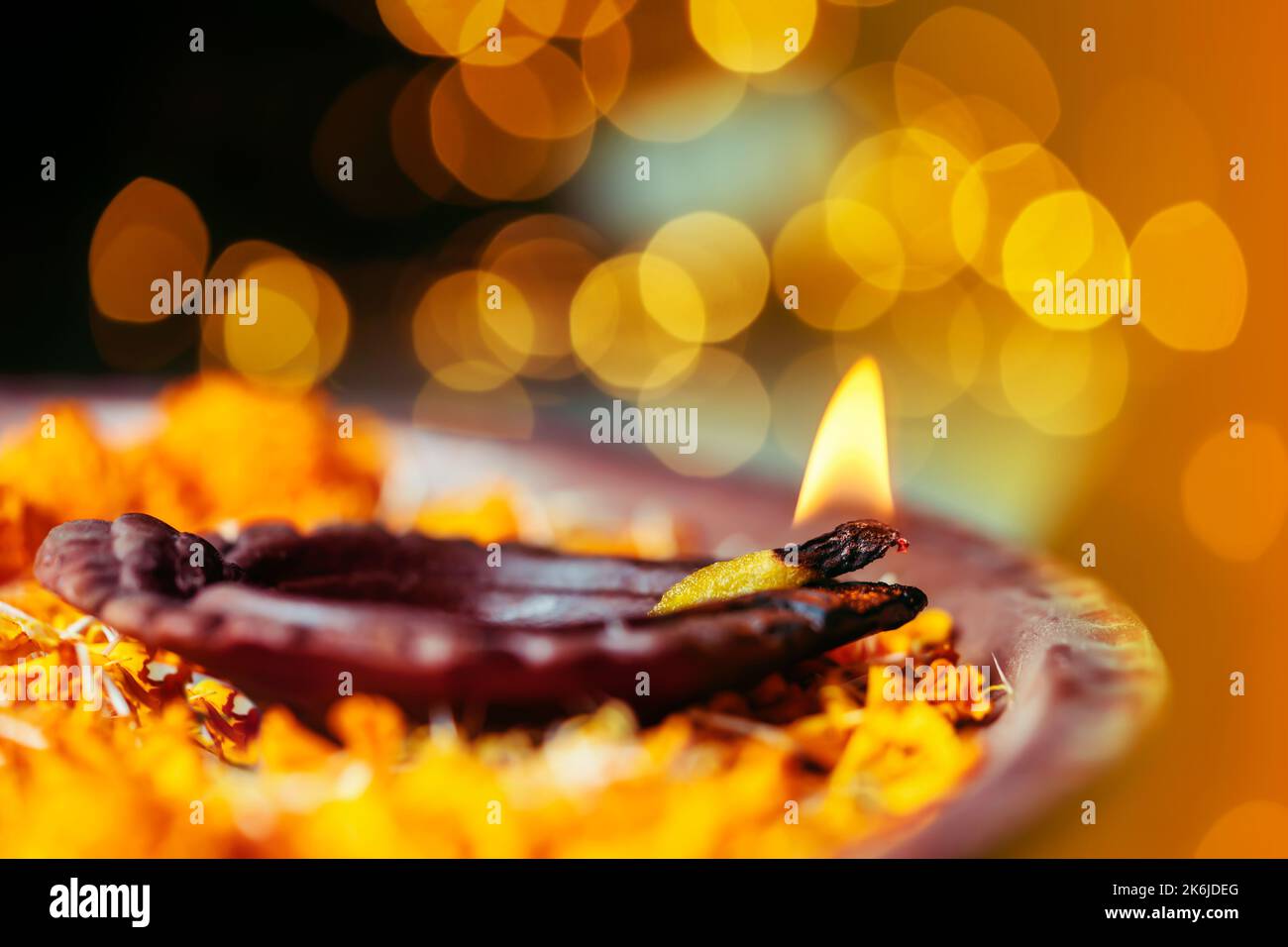 Diwali Diya, oil lamp beautifully decorated on the festive occasion of deepawali. Beautiful stock photo with copy space of diwali diya for background Stock Photo