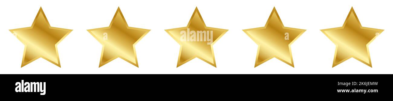 Five vector gold stars. Realistic 3d decor element rating Stock Vector