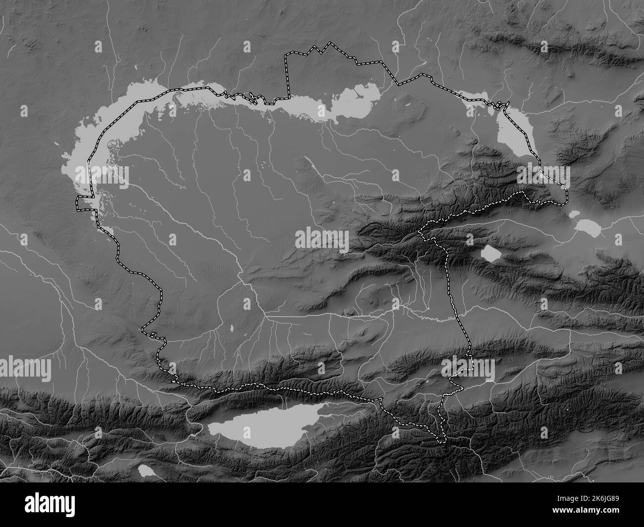 Almaty, region of Kazakhstan. Grayscale elevation map with lakes and